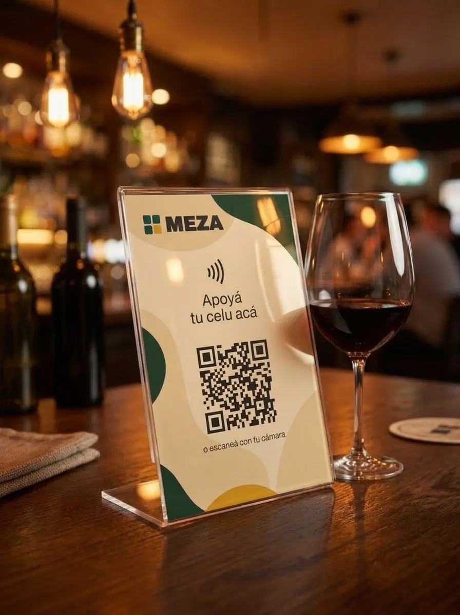 El acrílico de Meza sobre la mesa de un bar, junto a una copa de vino