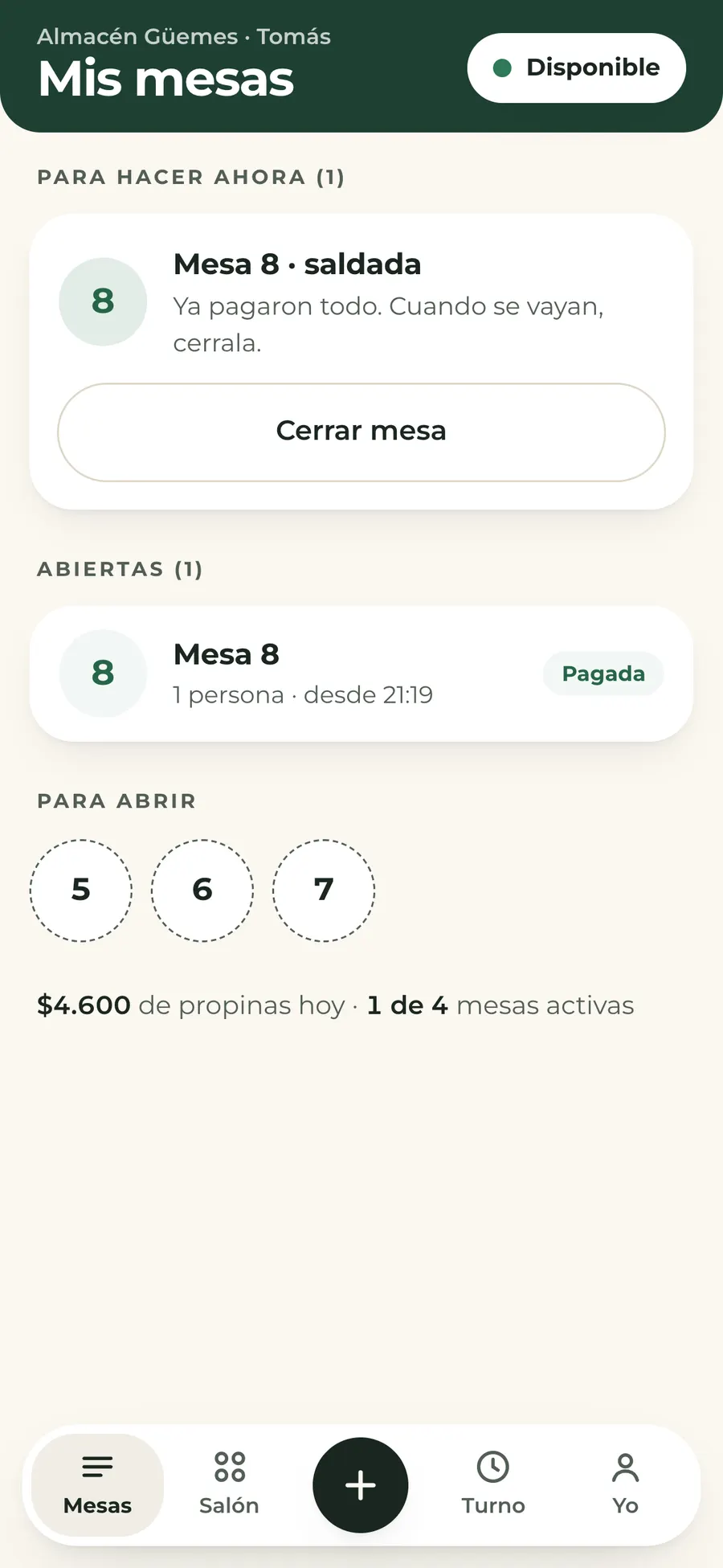 La app del mozo: la mesa 8 está saldada y lista para cerrar